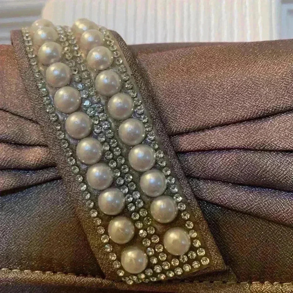 Kate Landry evening bag metallic grayish fabric, pearl and rhinestone accent ￼ - Picture 2 of 9